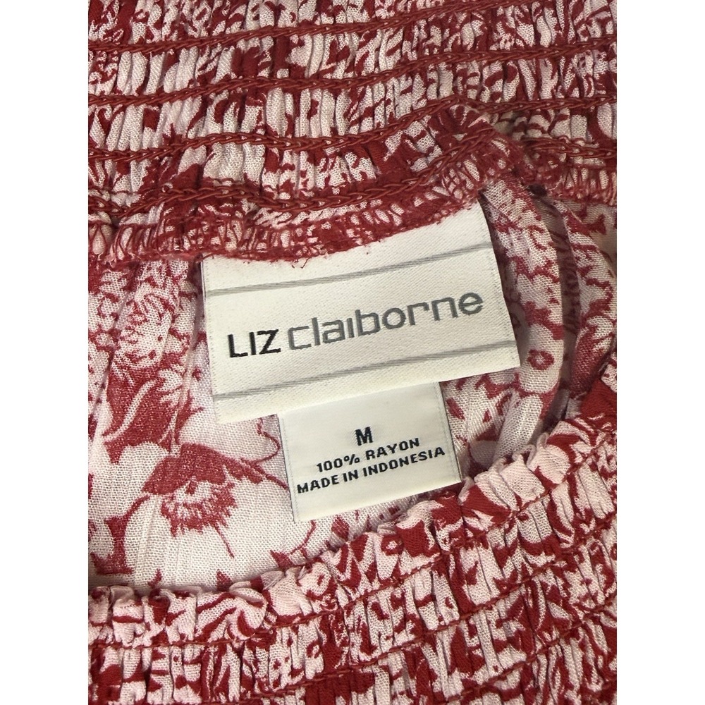 Liz Claiborne Red White Floral Peasant Blouse M Rayon Smocked Boho Cottagecore - Picture 6 of 8